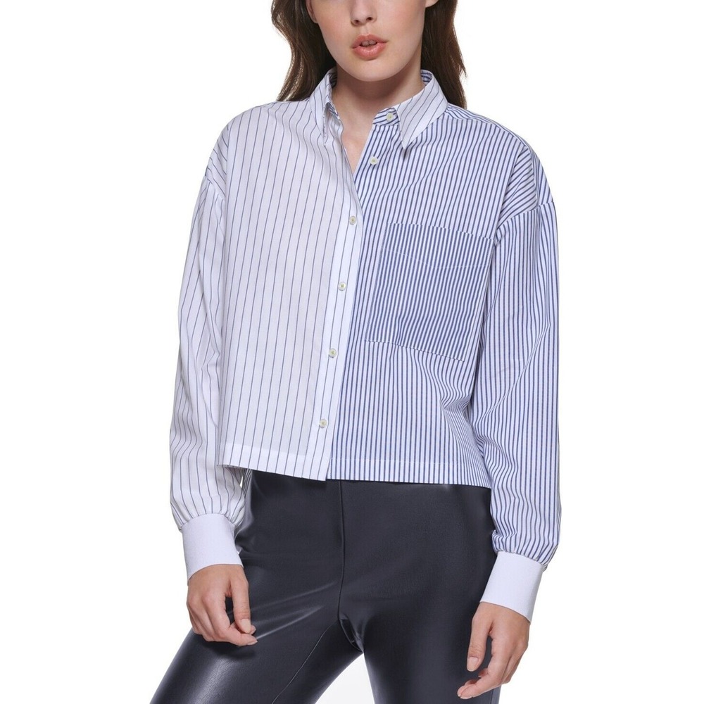 DKNY Women's Long Sleeve Cropped Collared Shirt Size M White Multi Striped